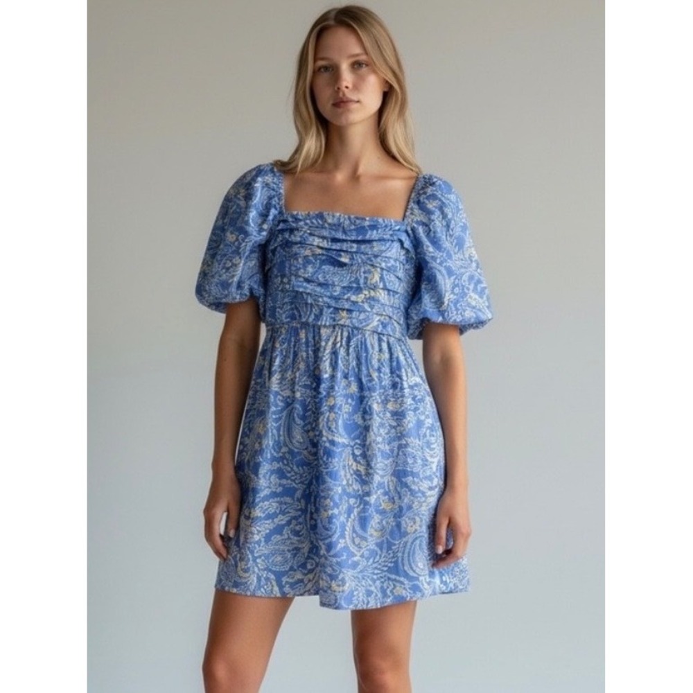 Jessica Simpson Blue Paisley Puff Sleeve Mini Dress XL Floral Cottagecore Boho